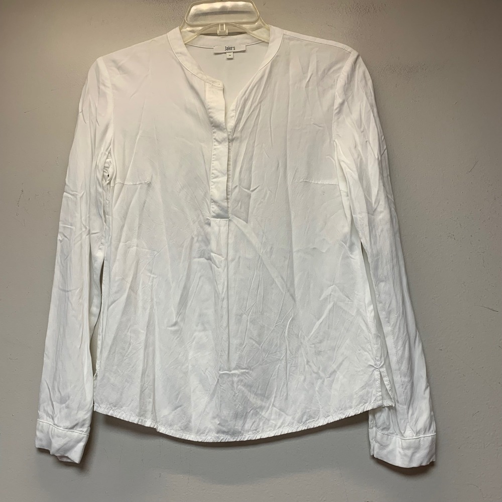 Jake*s Blouse Women 34 White Excellent Split Neck Viscose Long Sleeve Minimalist - Picture 1 of 7